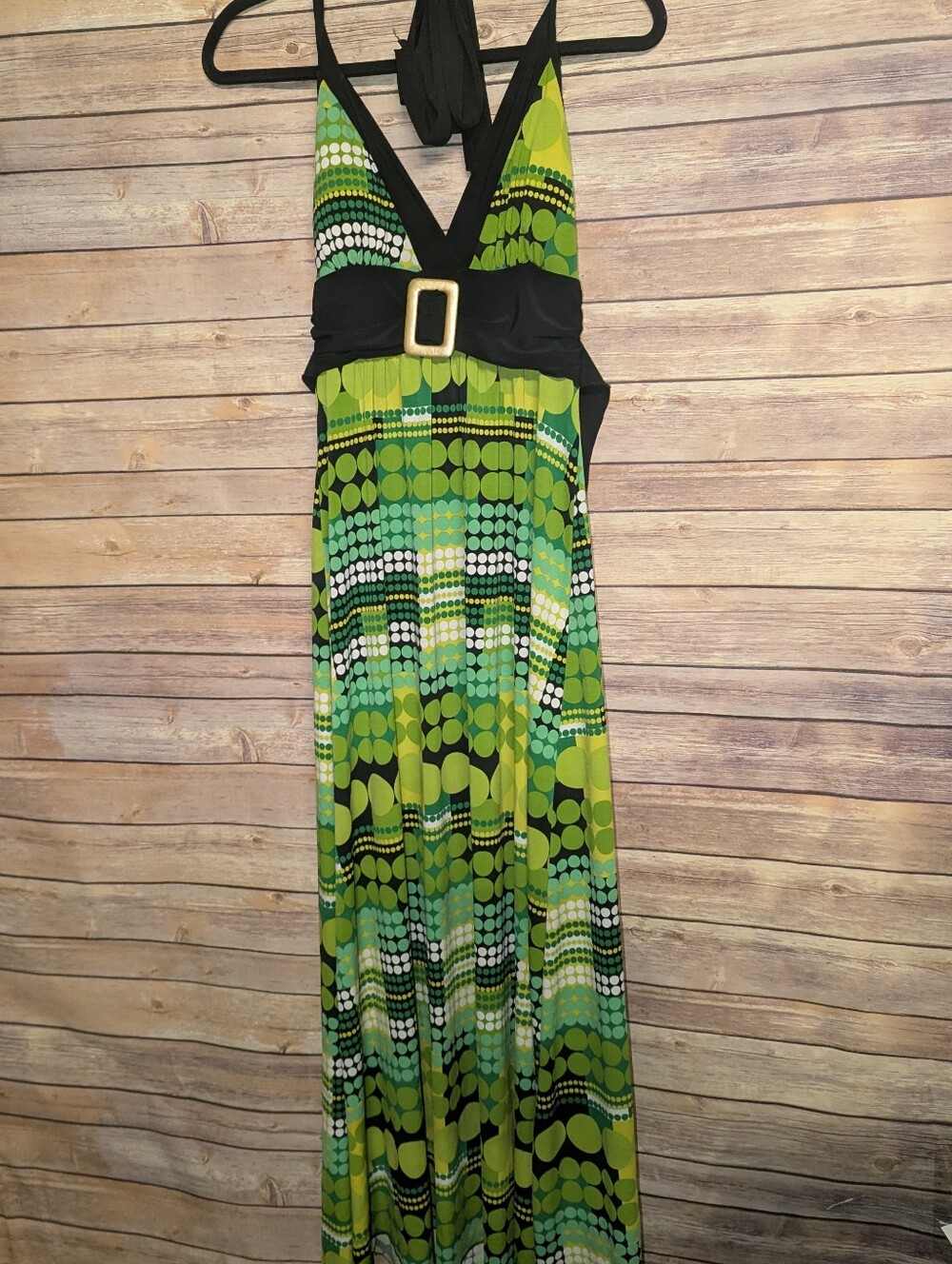 Body Central Green Black Geometric Halter Maxi Dress Gold Buckle Y2K Boho - Picture 2 of 6